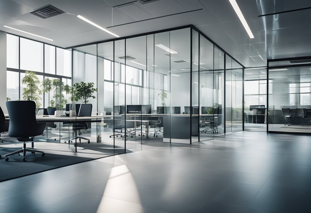A modern office with sleek glass partitions, creating a sense of openness and transparency. Light filters through, casting interesting patterns on the floor