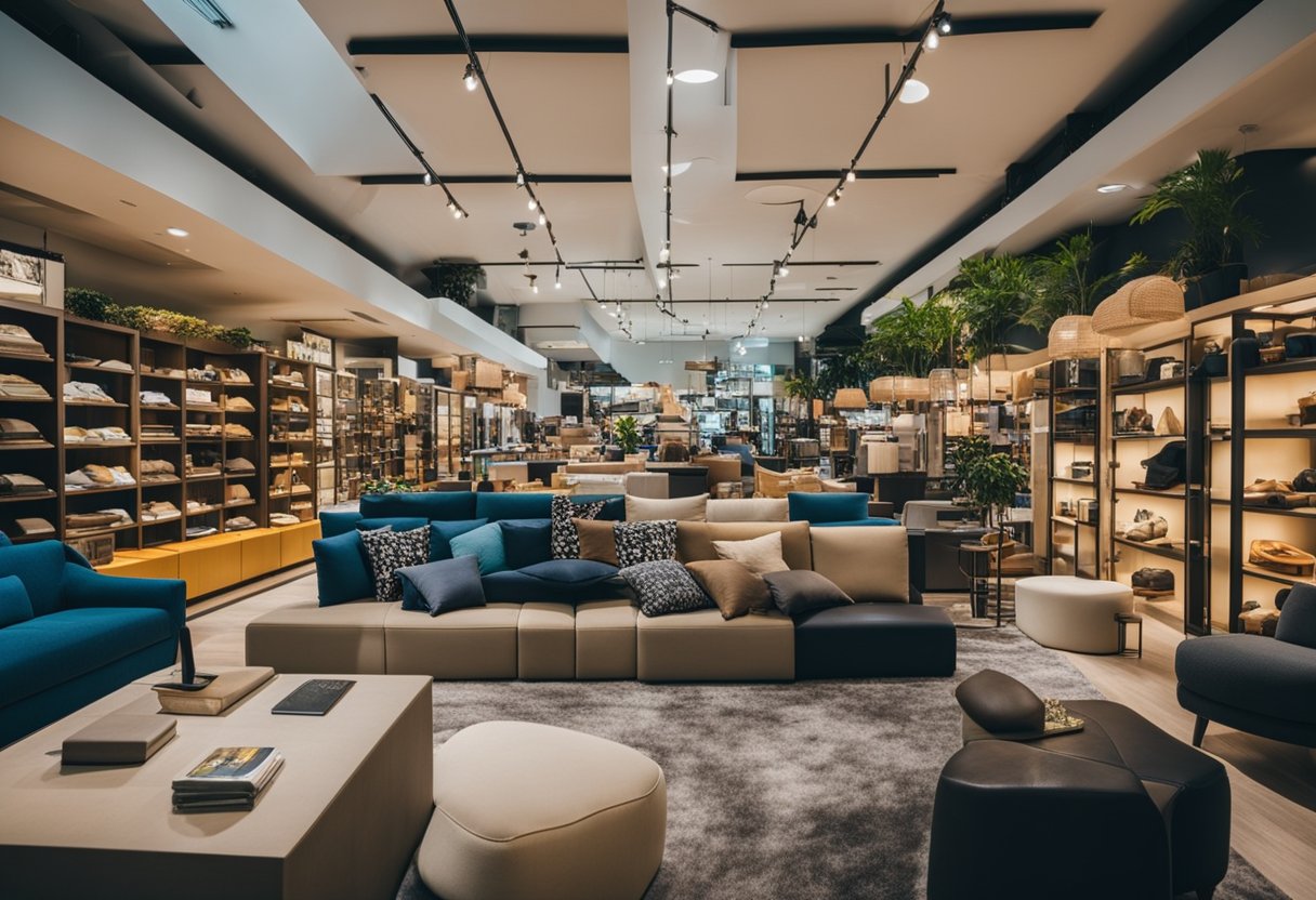 A cluttered showroom with rows of cheap furniture in a Singapore store. Bright lights highlight the mismatched pieces and crowded aisles