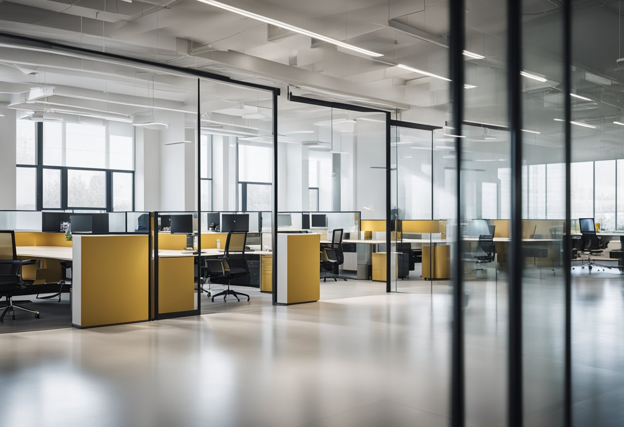 A modern office with glass partitions, clean lines, and natural light. Open floor plan with sleek furniture and minimalistic decor