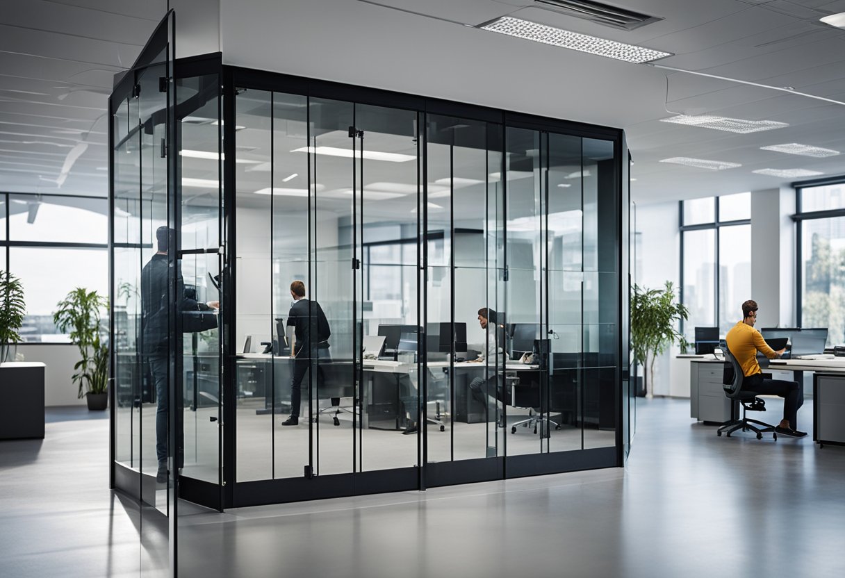 A team of workers installs glass partitions in a modern office space, carefully measuring and securing each panel for a sleek and professional design