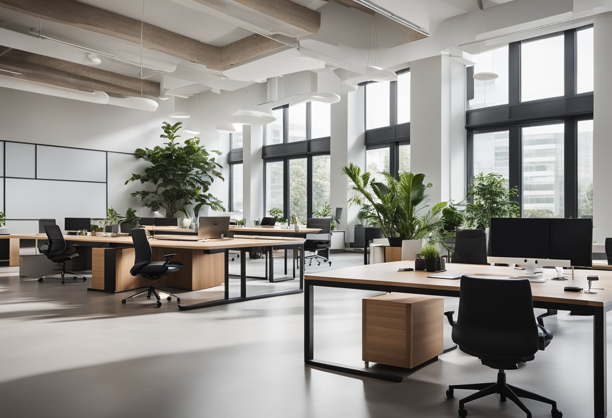 A modern office with sleek furniture, open layout, natural light, and greenery. Clean lines and neutral color palette create a minimalist and professional atmosphere