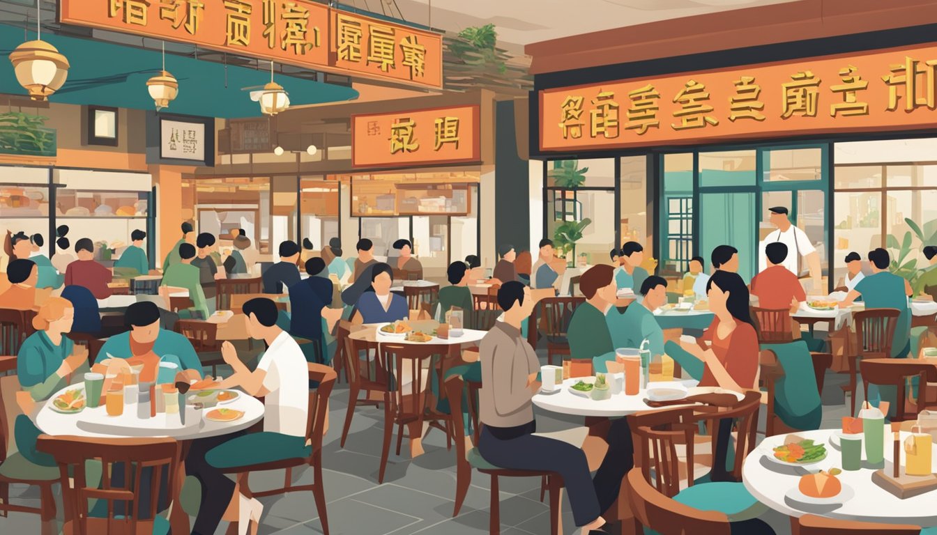 A bustling restaurant with a sign reading "Frequently Asked Questions yuan" in bold letters. Diners enjoy a variety of Chinese dishes at colorful tables