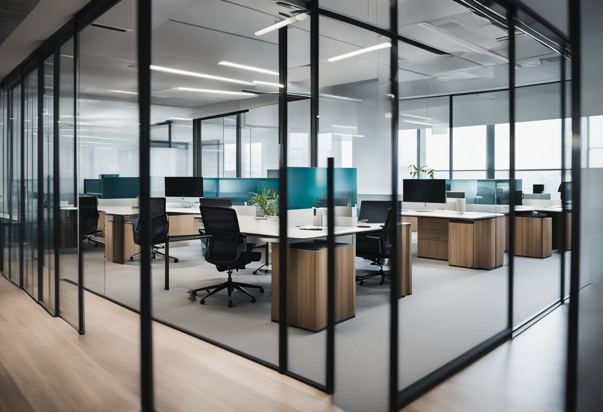 A modern office with sleek glass partitions, creating separate workspaces. Clean lines and minimalistic design