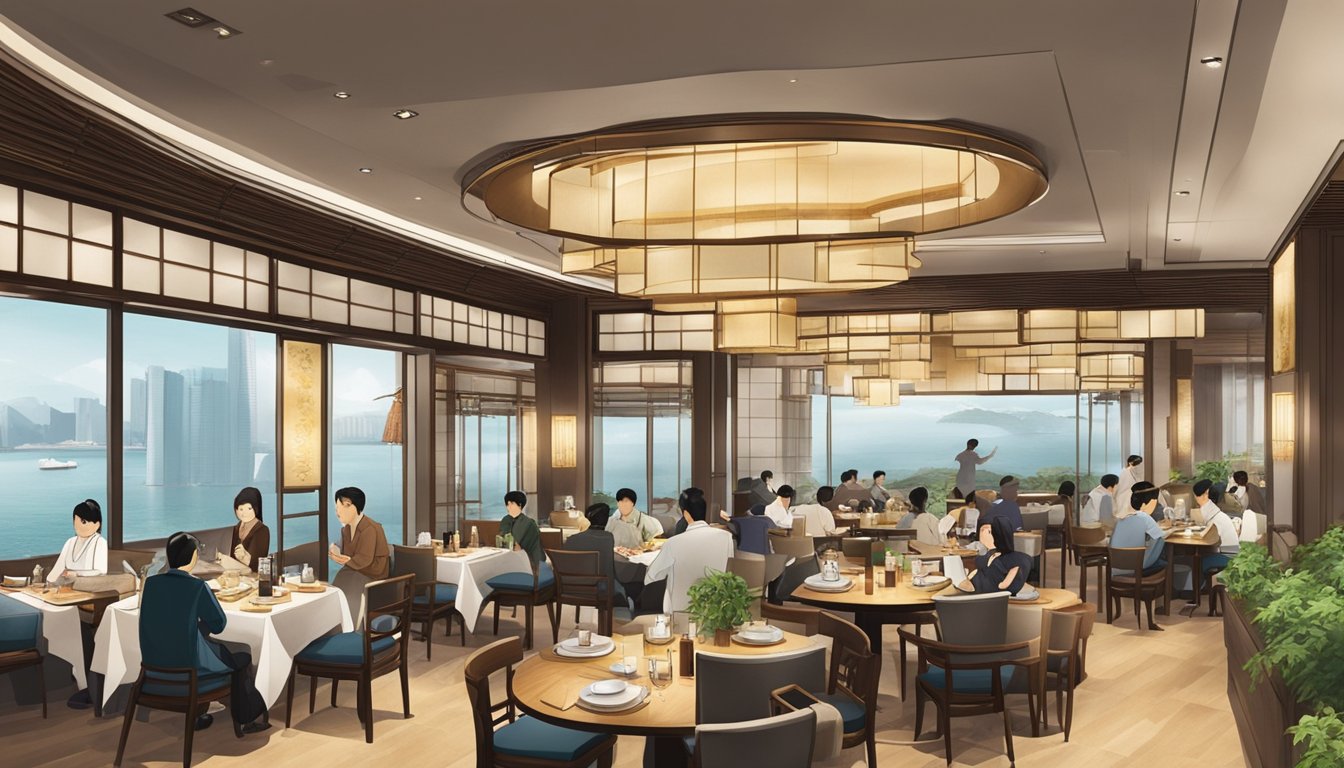 The Japanese restaurant at Marina Bay Sands is filled with diners enjoying their meals, while the staff bustle around attending to their needs. The elegant interior design and traditional Japanese decor create a serene and inviting atmosphere