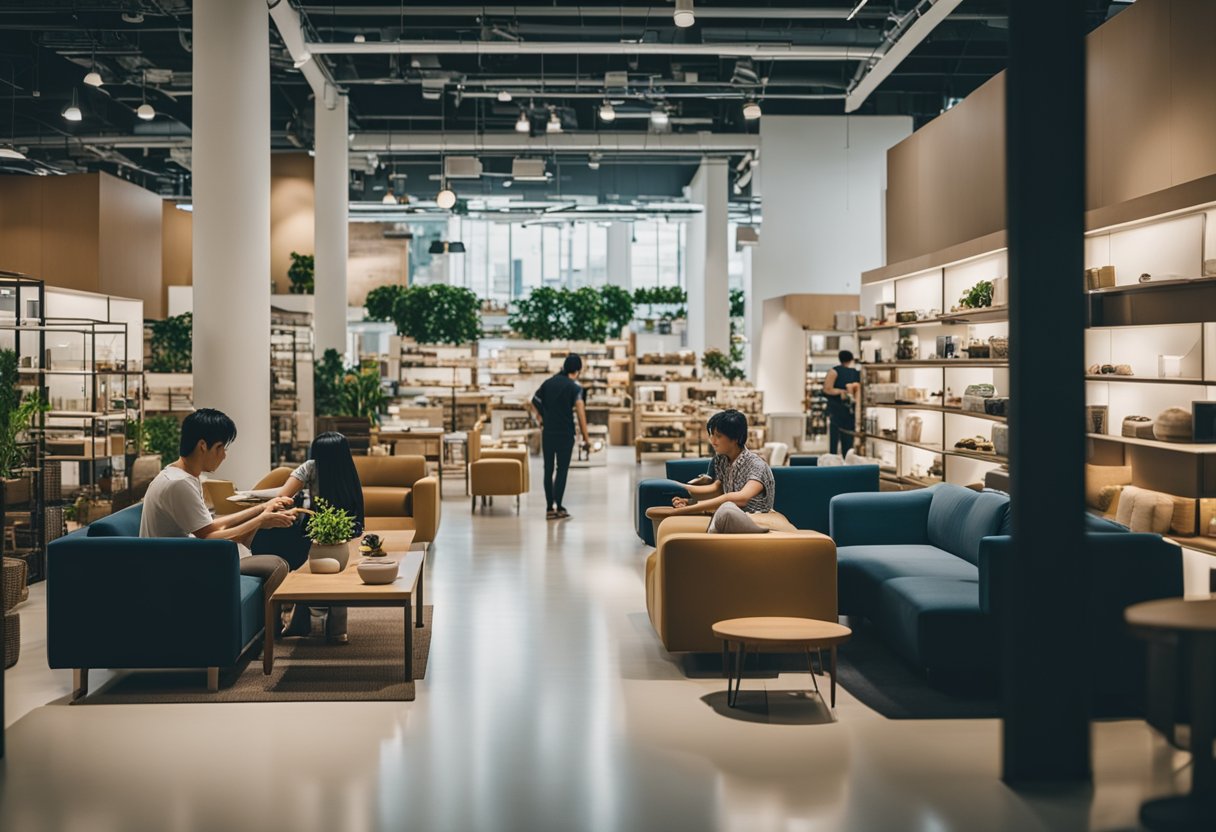 Customers browsing through a variety of affordable furniture in a spacious and well-lit store in Singapore