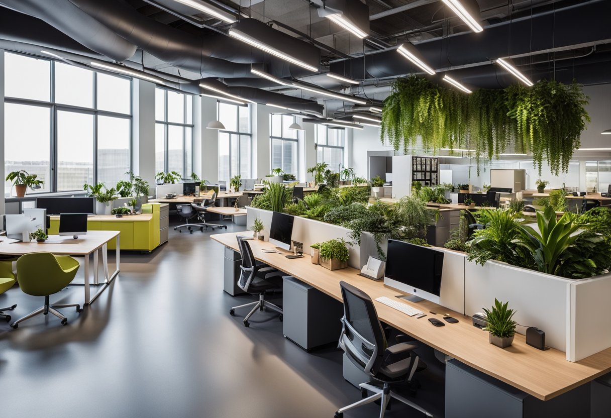 An open office layout with flexible workstations, collaborative areas, and natural lighting. Plants and ergonomic furniture promote a healthy and productive work environment