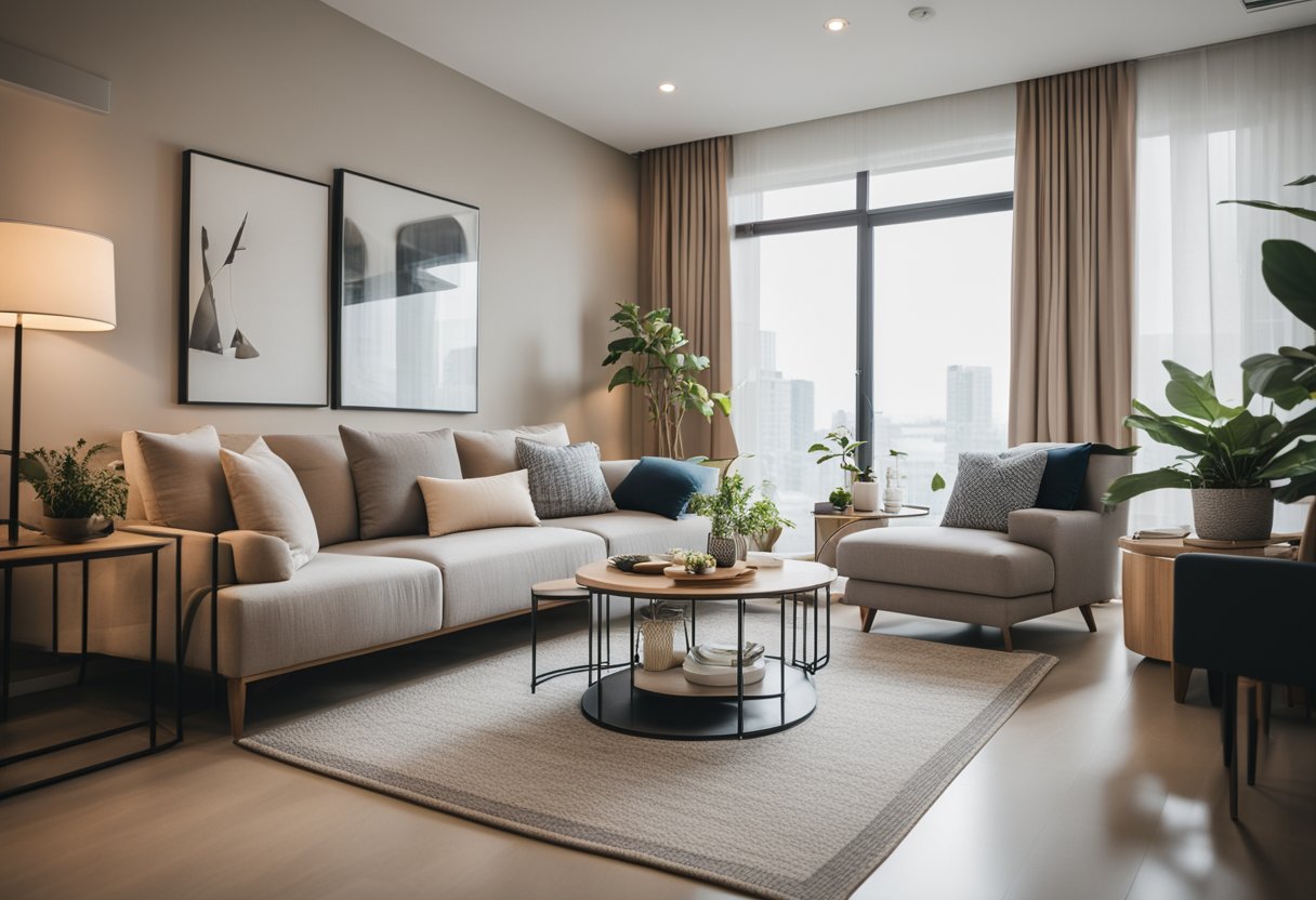 A cozy living room with affordable furniture from Singapore stores. Neutral colors, simple lines, and functional pieces create a stylish and budget-friendly space