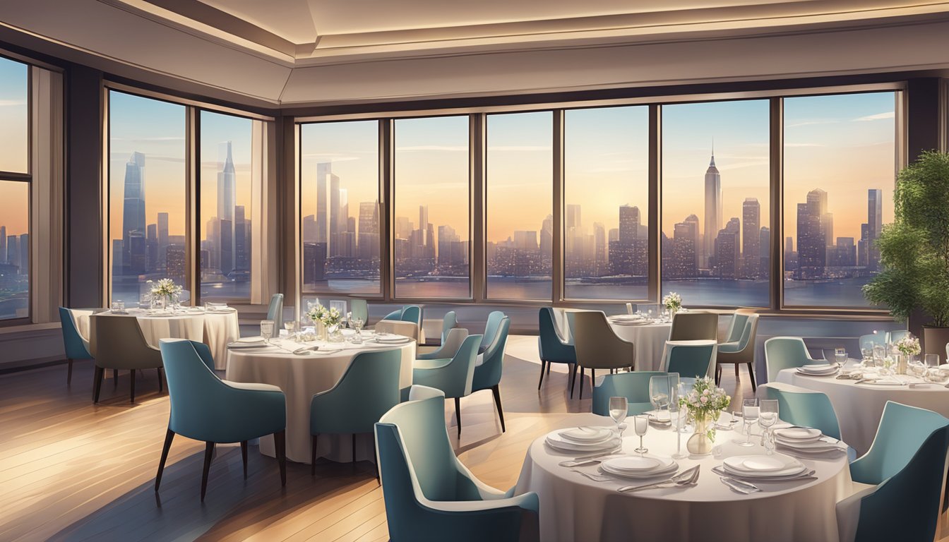 Tables set with elegant place settings, soft lighting, and a view of the city skyline through large windows