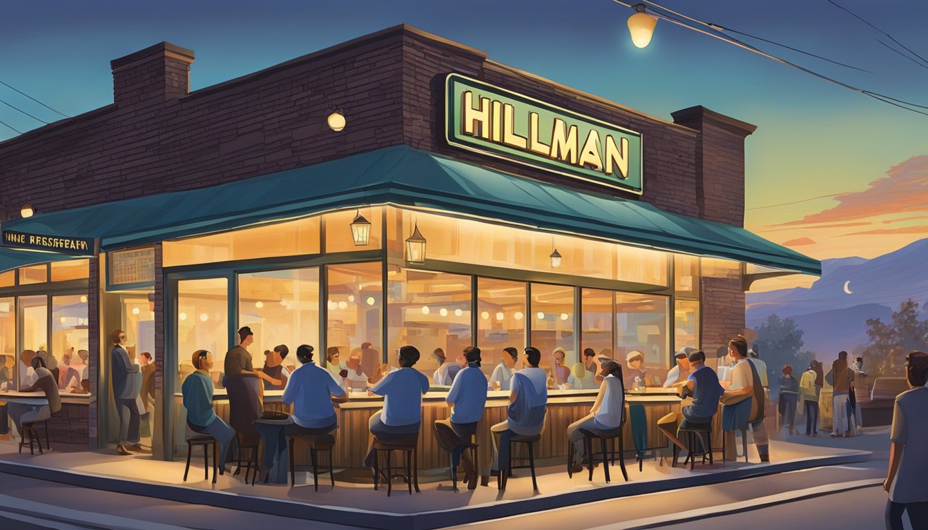 The Hillman restaurant sign shines brightly against the evening sky, with a line of people waiting outside. Tables are filled with happy diners, and the aroma of delicious food fills the air