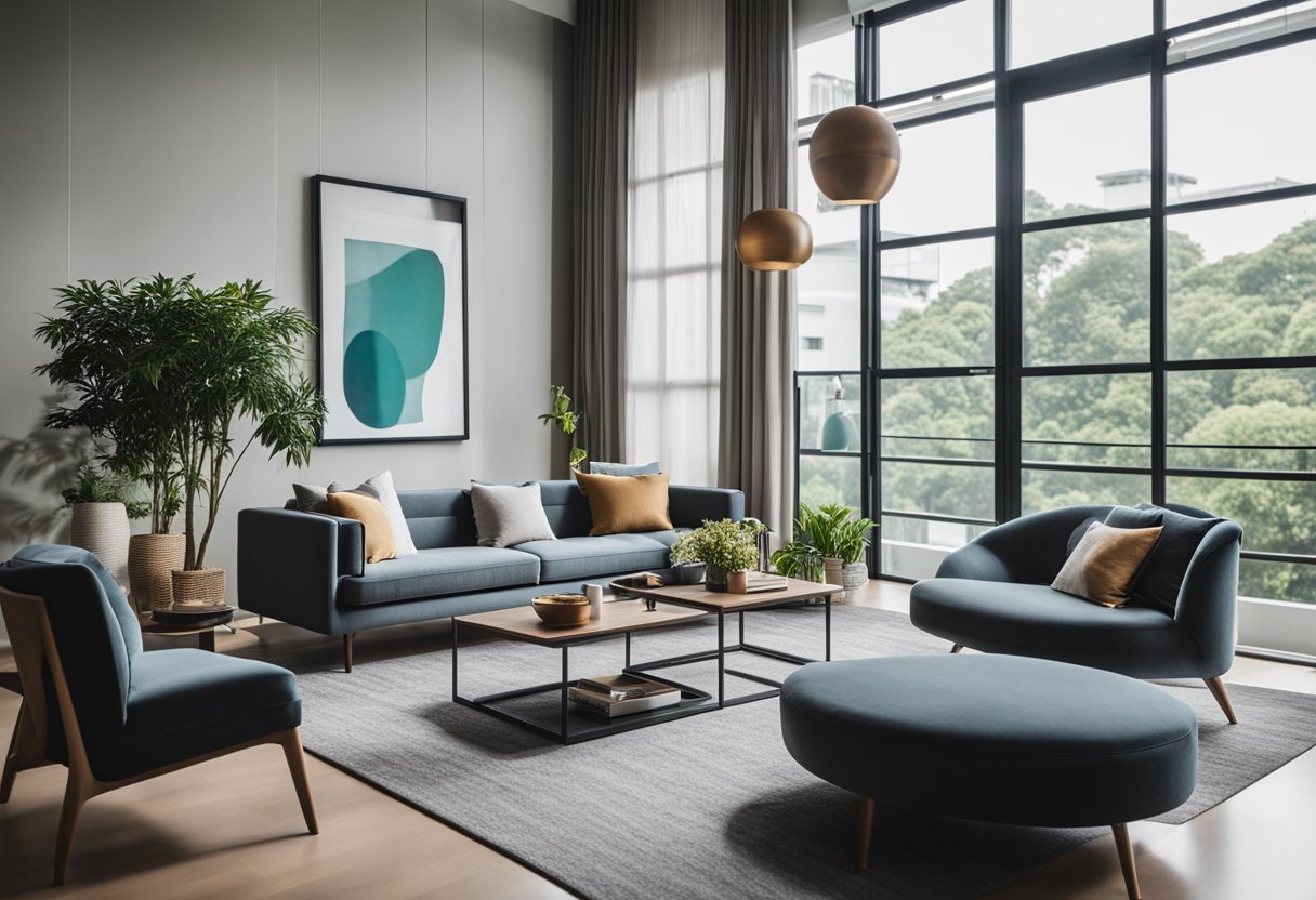 A modern living room with sleek hipvan furniture in Singapore. The room features a stylish sofa, coffee table, and decorative accessories