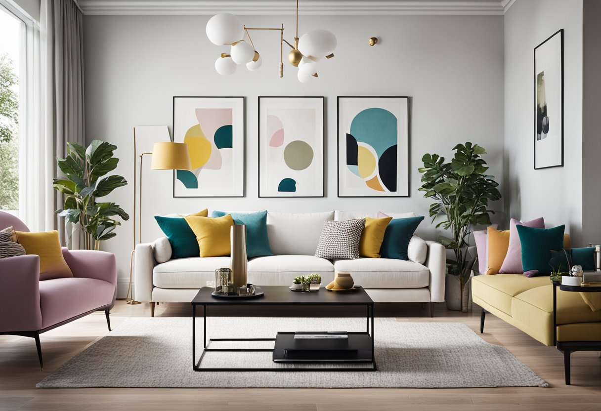A bright, modern living room with sleek furniture and pops of color. Clean lines and cozy textures create a welcoming atmosphere