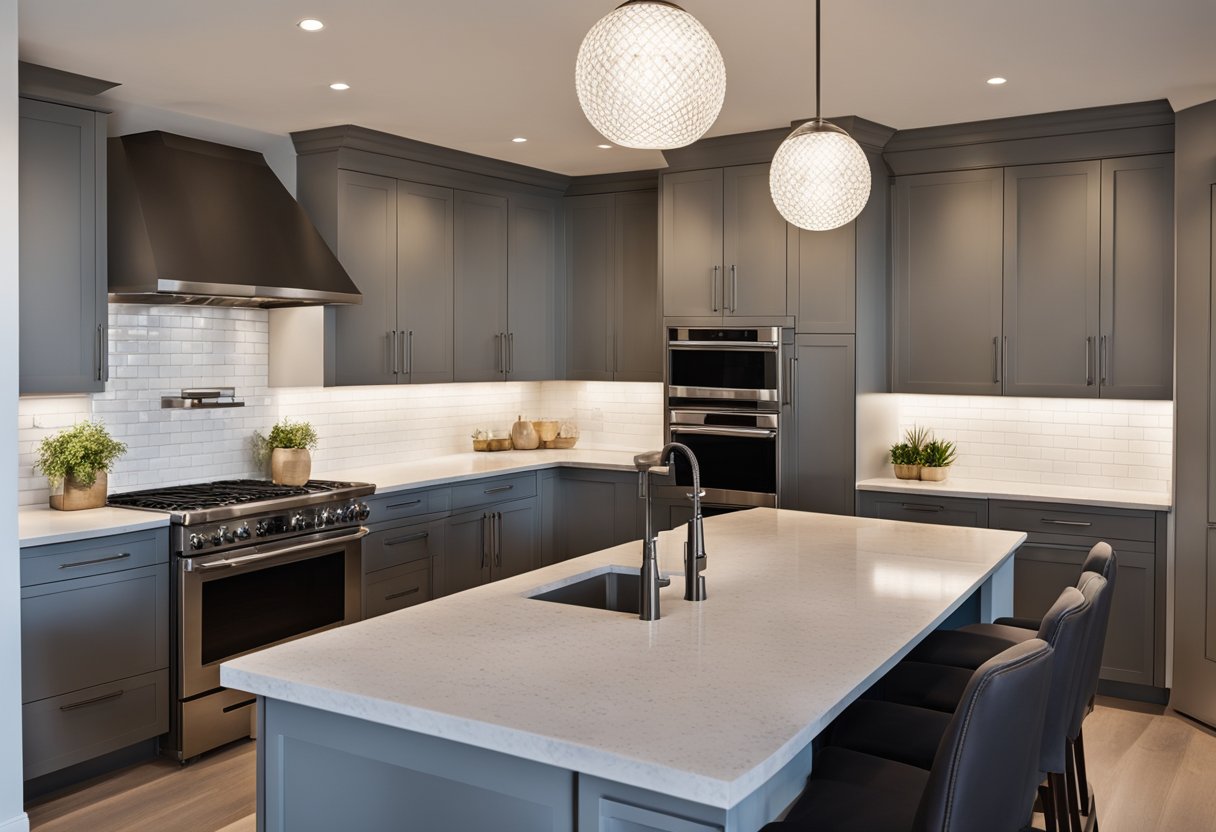 Sleek stainless steel appliances, quartz countertops, and minimalist cabinetry define modern American kitchen designs. A large island with bar seating and pendant lighting completes the contemporary look