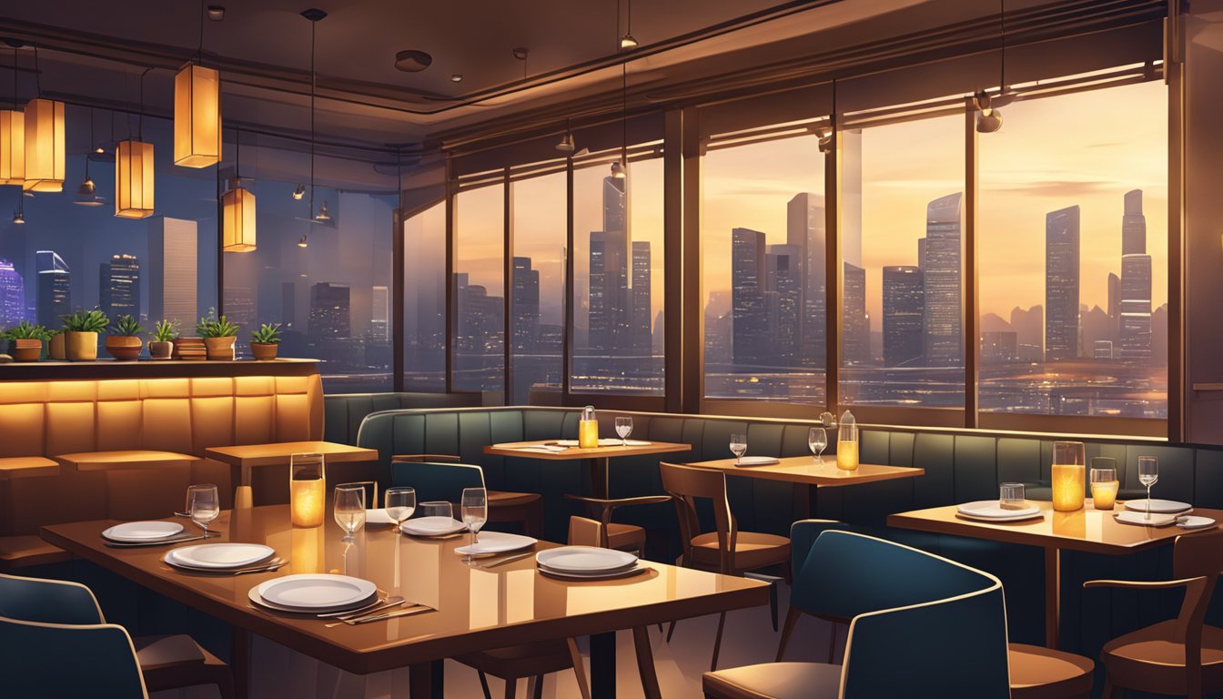 A cozy restaurant in Singapore with warm lighting, modern decor, and a view of the city skyline