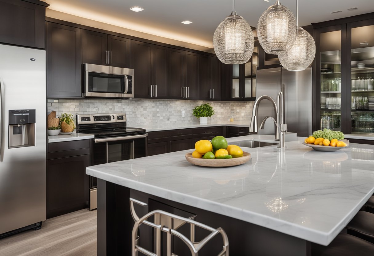 A sleek, open-concept kitchen with stainless steel appliances, marble countertops, and a large island with bar seating. Glass tile backsplash and pendant lighting add modern flair