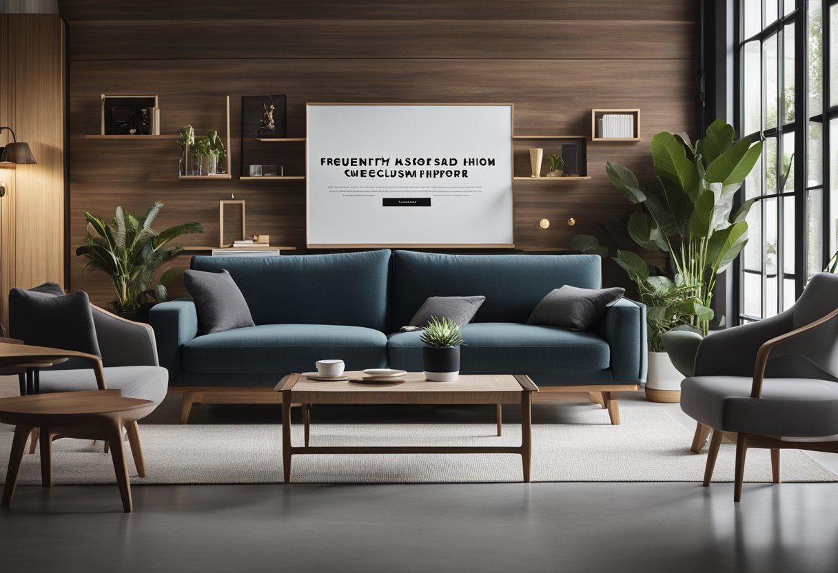 A room with modern furniture from Hipvan, featuring a sofa, coffee table, and wall decor. Text "Frequently Asked Questions hipvan furniture singapore" displayed on a computer screen