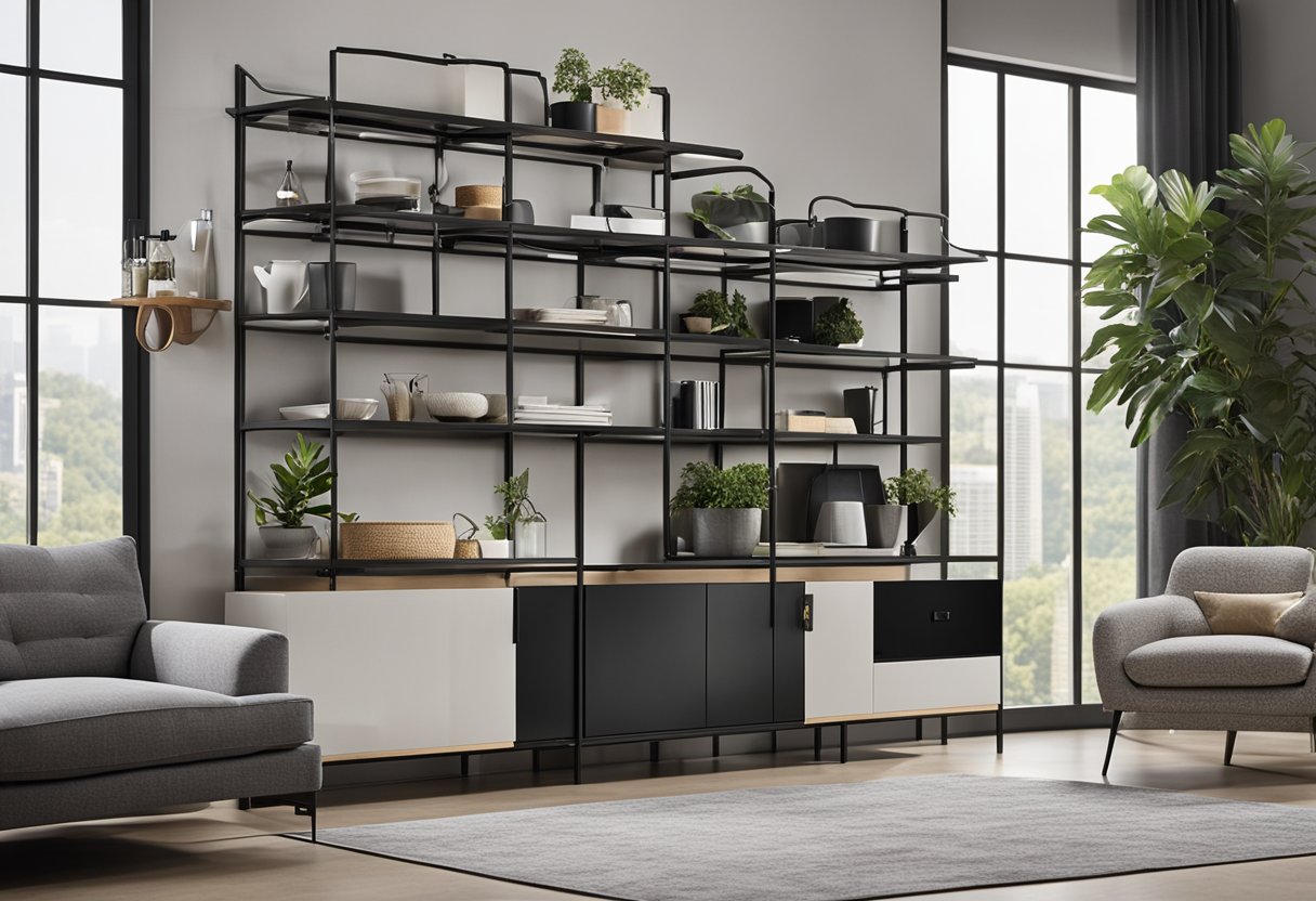 Various wall rack designs displayed in a spacious living room. Shelves, hooks, and compartments showcase organization and style