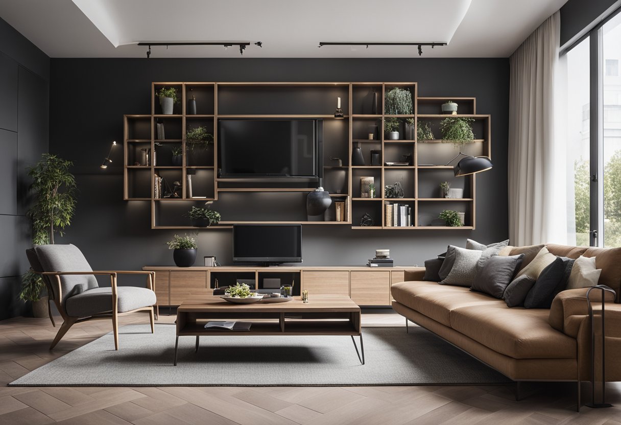 A modern living room with sleek wall racks maximizing space for storage and display