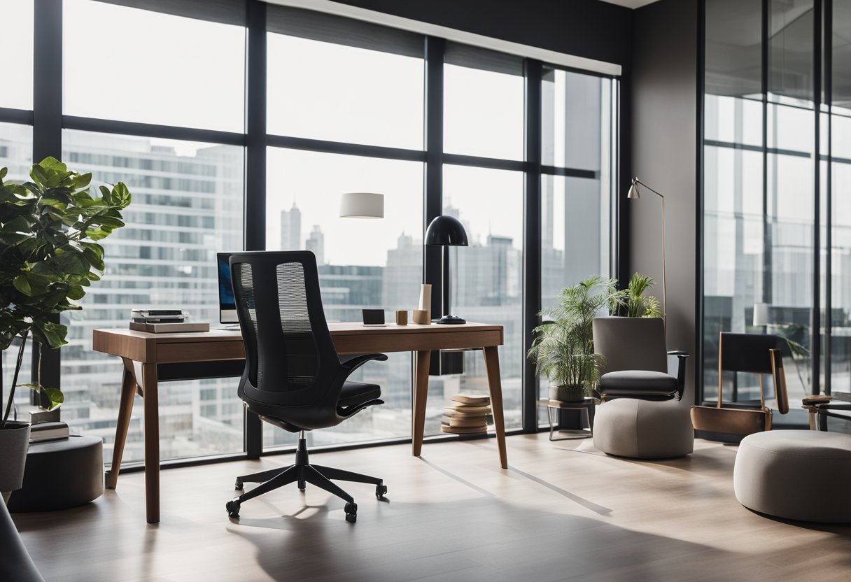 A sleek, modern desk sits against a backdrop of floor-to-ceiling windows, with a comfortable chair and minimalist decor creating a stylish and functional home office space