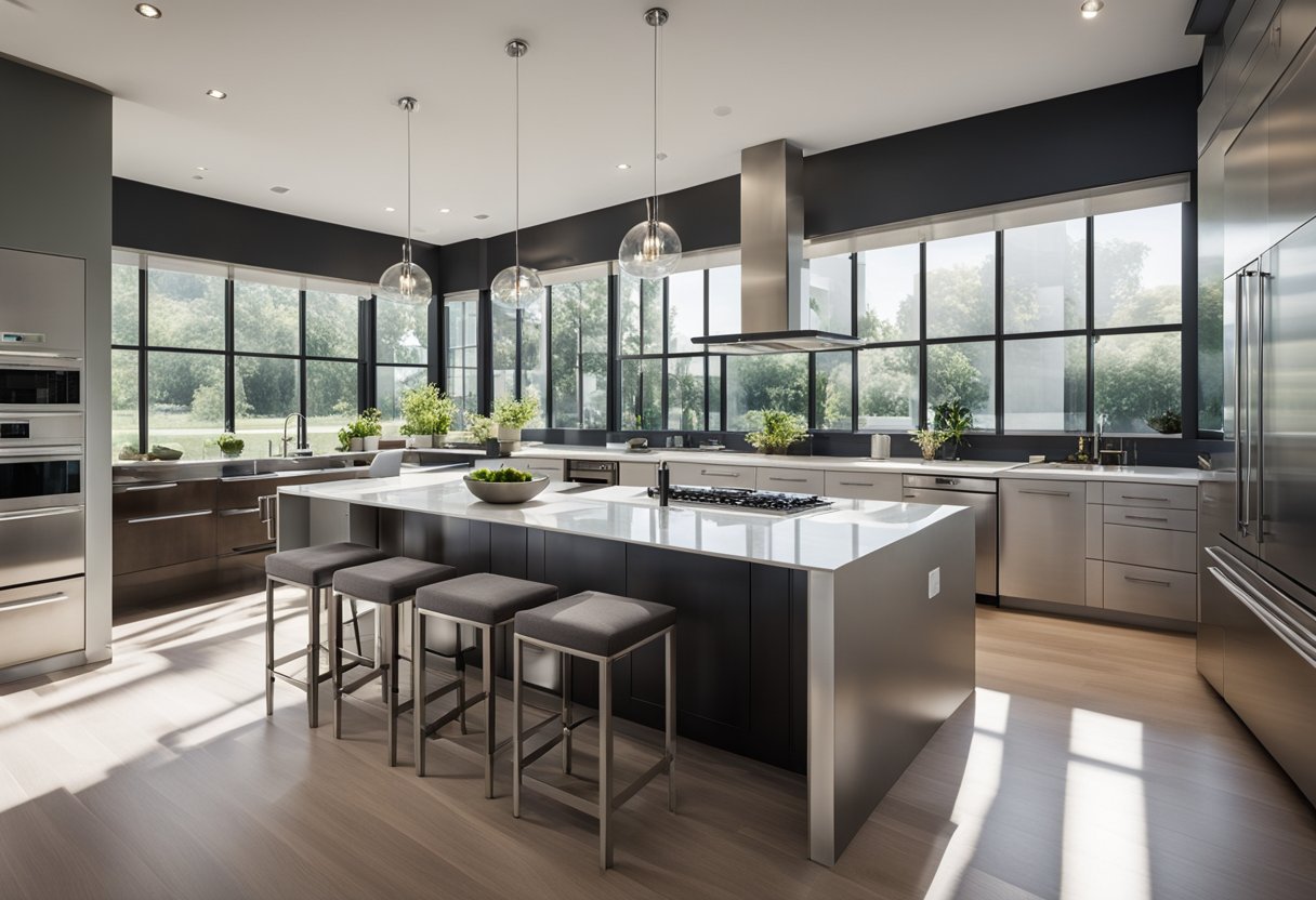 A spacious, open-plan kitchen with sleek, stainless steel appliances, a large island with a built-in sink, and plenty of natural light streaming in through large windows