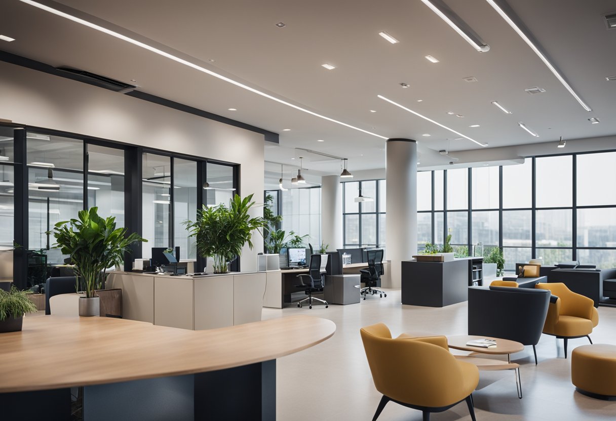 A modern office space with sleek furniture, open floor plan, and natural lighting. A reception area with a friendly staff member welcoming visitors