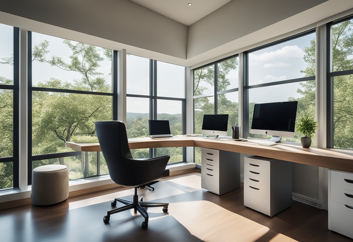A sleek desk with a modern computer, ergonomic chair, and stylish shelving in a bright, airy room with large windows and a view of nature