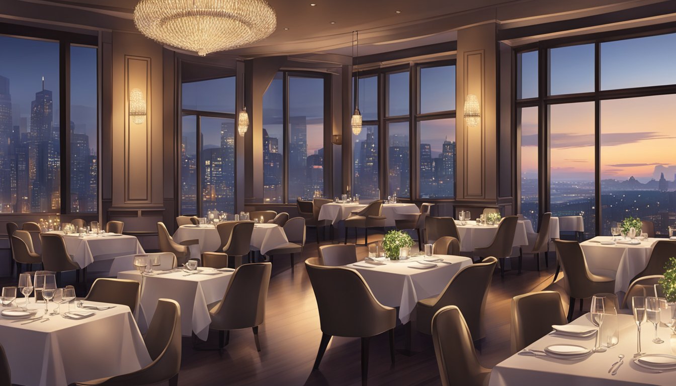 A cozy restaurant with soft lighting, elegant decor, and a view of the city skyline. Tables are set with fine linens and sparkling glassware, creating a sophisticated and inviting atmosphere