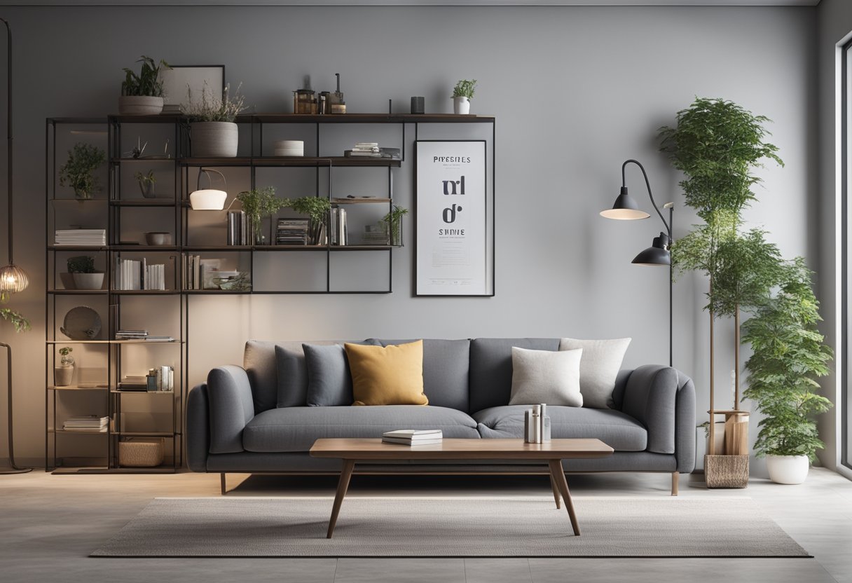 A modern living room with sleek, minimalist wall racks displaying neatly organized Frequently Asked Questions materials