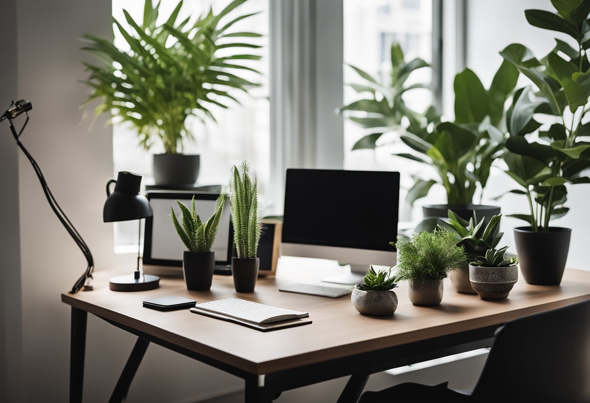 A sleek desk with modern accessories, plants, and art. Natural light fills the room, highlighting the stylish decor and creating a productive atmosphere