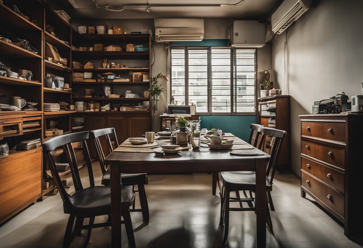A cluttered room with cheap wood furniture in Singapore. A worn-out table, chairs, and shelves fill the space. The room feels cramped and outdated
