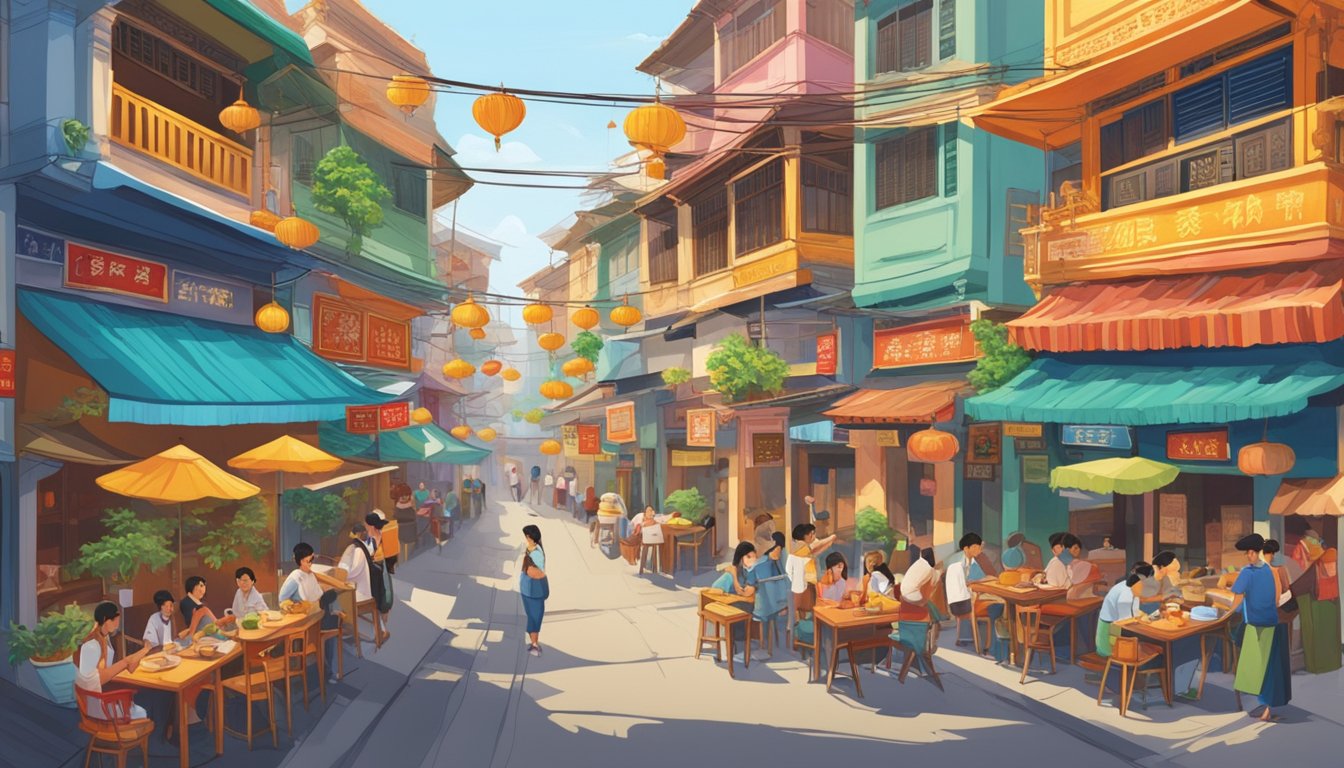 Colorful shophouses line the bustling street, each adorned with vibrant signage advertising a variety of cuisines. Aromas of sizzling noodles and spicy curries fill the air, drawing in hungry patrons