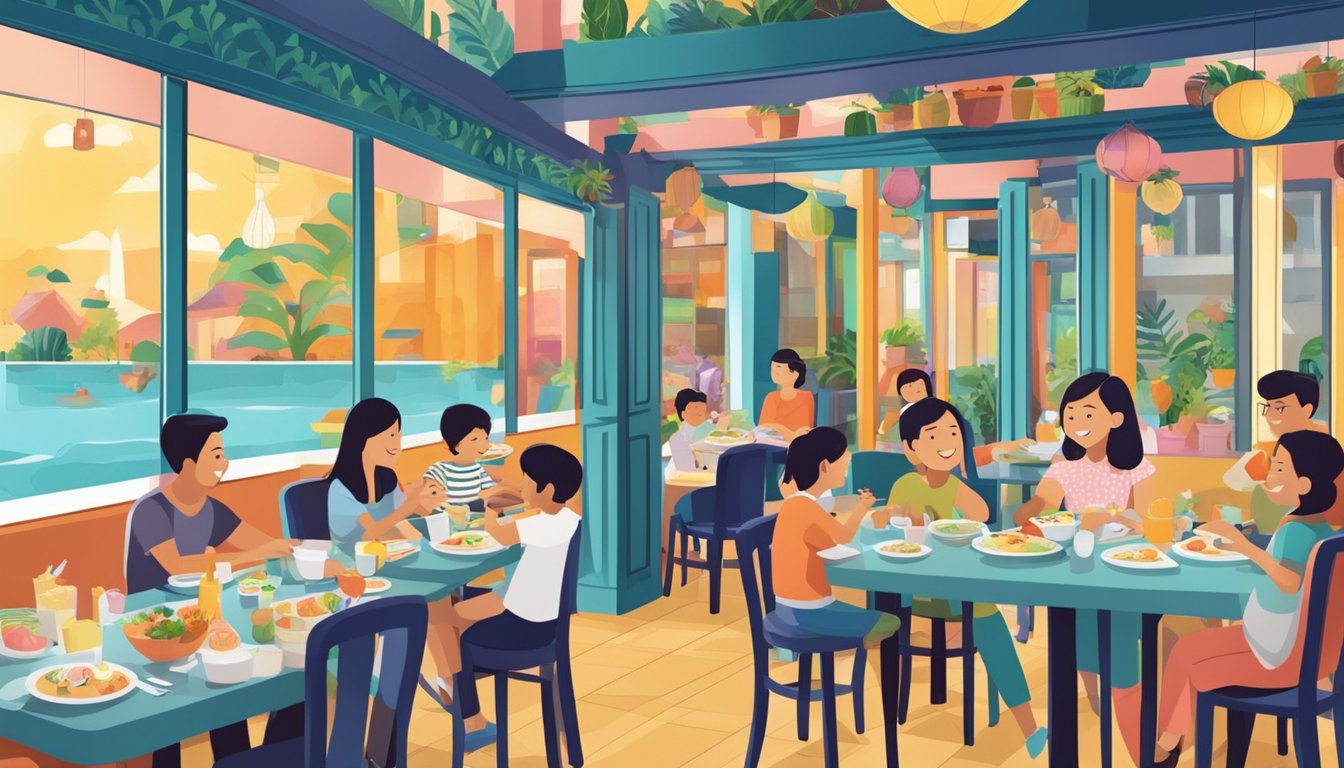 Families enjoying a meal together at a vibrant and welcoming restaurant in Singapore, with colorful decor and a diverse menu of affordable, kid-friendly options