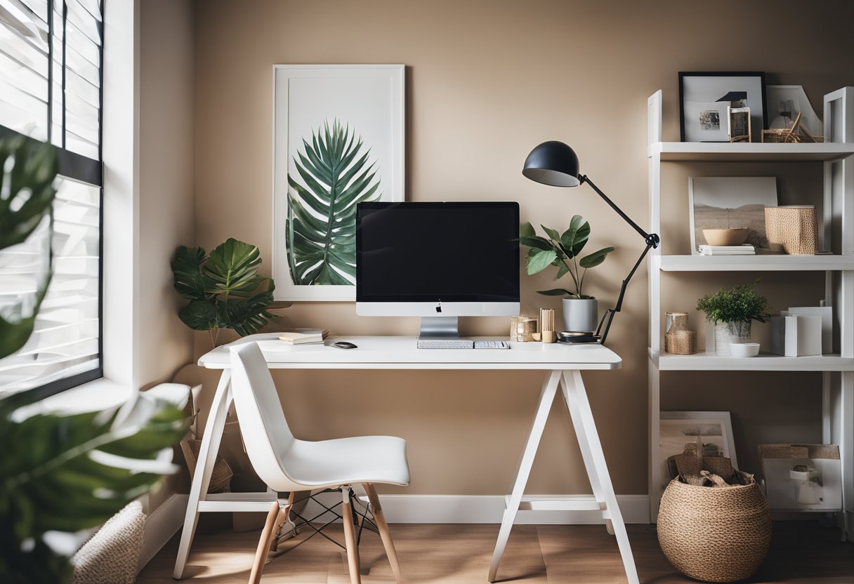 A modern home office with sleek furniture, vibrant wall art, and ample natural light. A cozy reading nook and a stylish desk setup complete the space