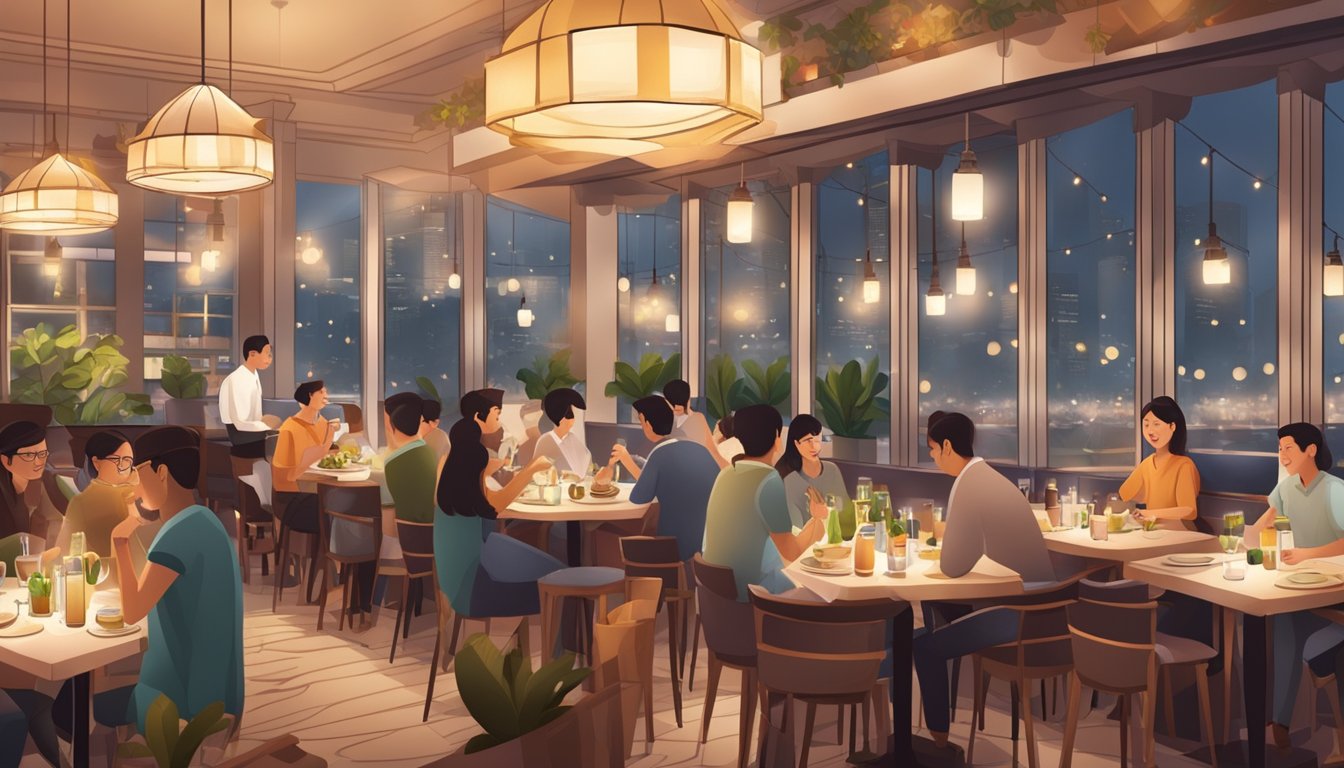 A bustling restaurant in Singapore with warm lighting and a cozy atmosphere, filled with the aromas of delicious cuisine and the clinking of glasses