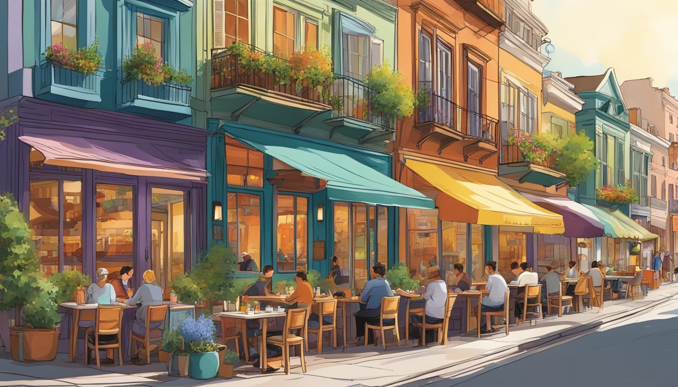 Colorful facades line the bustling street, with aromatic scents wafting from open kitchen doors. Diners savoring diverse cuisines spill onto outdoor tables