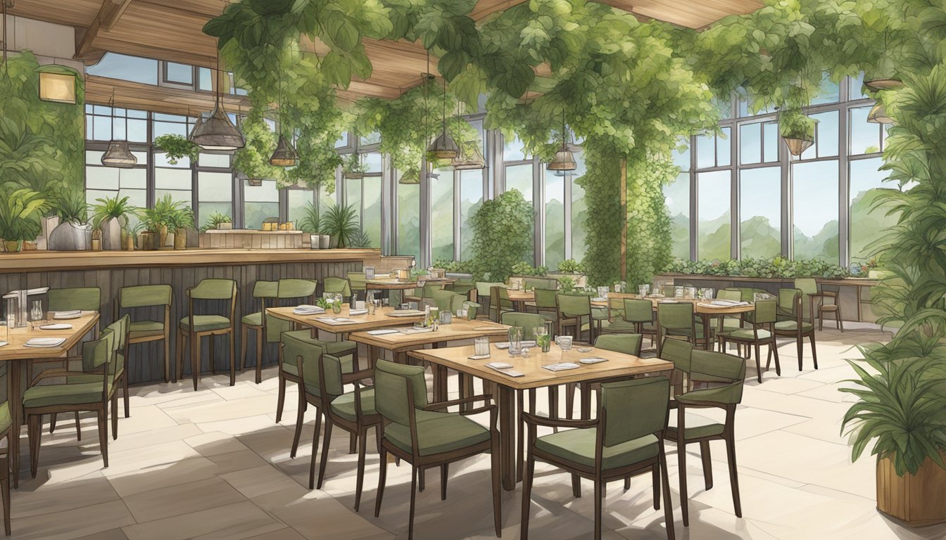 The Orchard Hotel restaurant is filled with lush green plants, eco-friendly decor, and sustainable materials, creating a warm and inviting atmosphere that promotes environmental consciousness