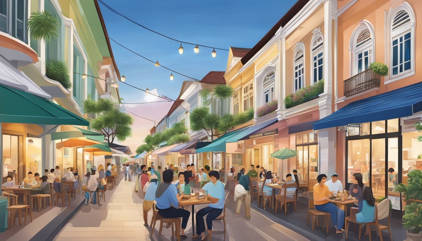 A bustling street lined with vibrant restaurants, offering affordable indulgences and premium dining experiences in the heart of Joo Chiat