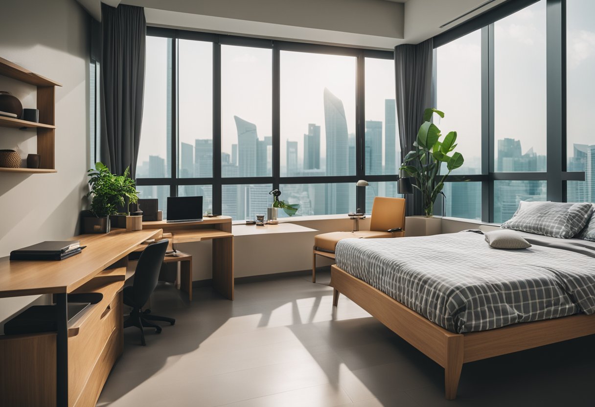 A room with basic wood furniture in Singapore. Bed, table, chairs, and shelves. Bright, natural light from a window