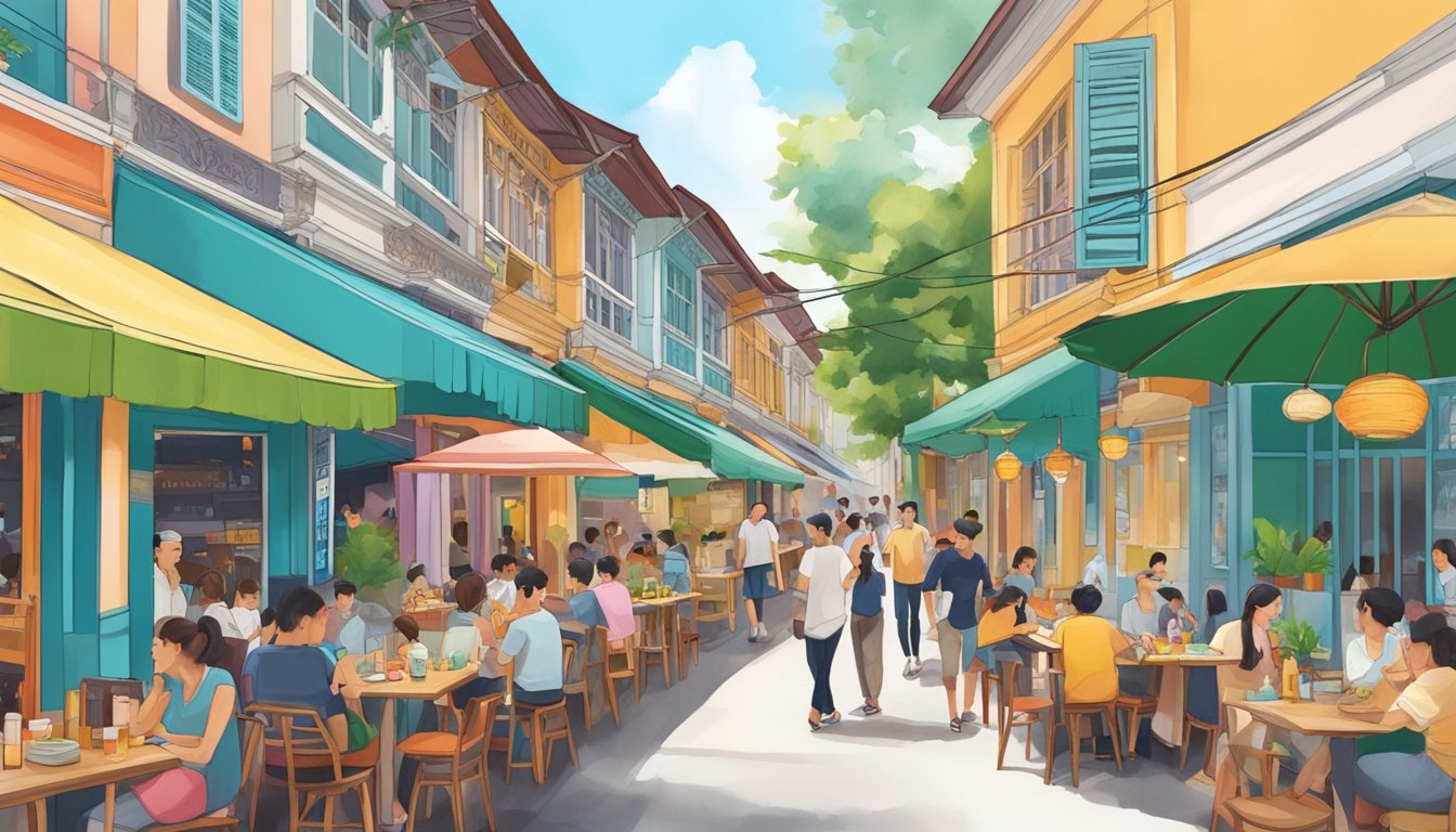 A bustling street lined with colorful restaurants in Joo Chiat, with people enjoying meals and lively conversations