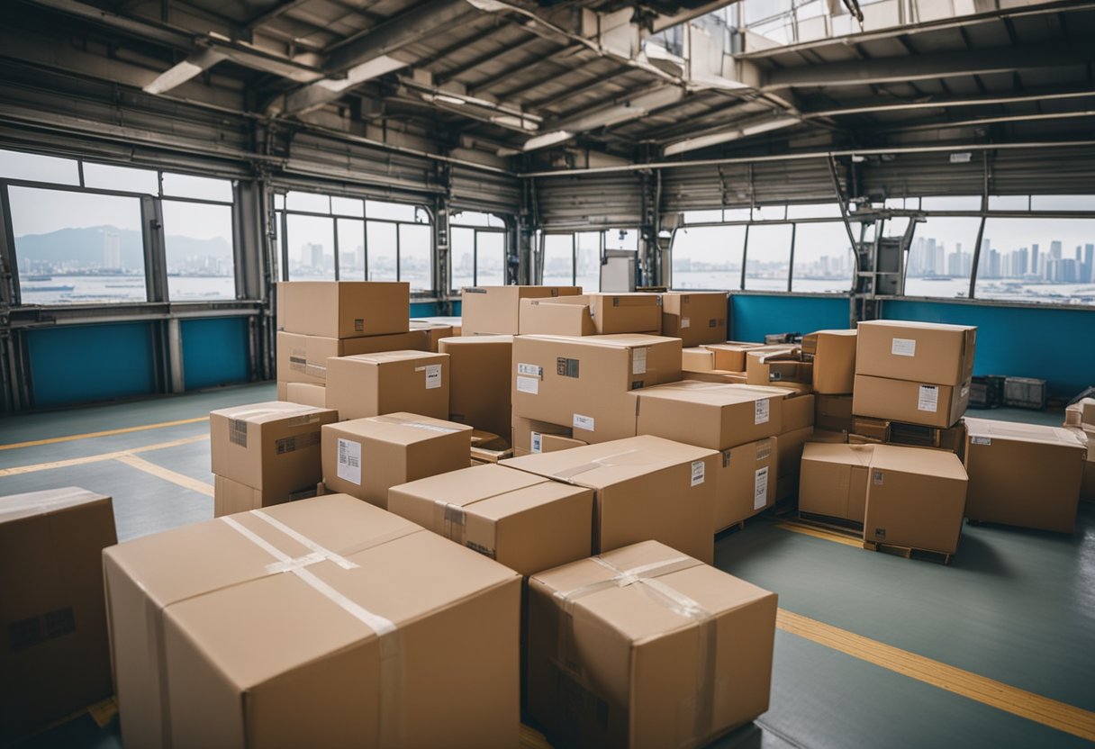 Furniture boxed, labeled, and loaded onto a cargo ship bound for Singapore from a Taobao warehouse