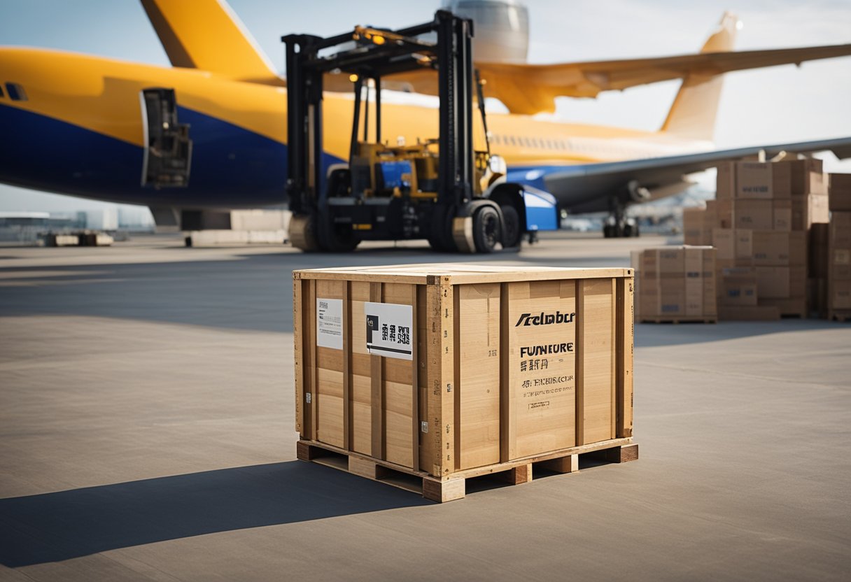 A large wooden crate labeled "Furniture" sits on a loading dock, ready to be shipped from Taobao to Singapore. A forklift approaches to load it onto a cargo plane