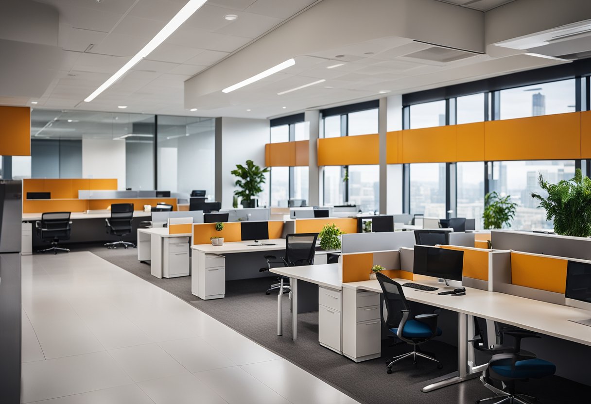 Sleek, modern office space with open floor plan, natural light, and innovative furniture layout. Clean lines, vibrant colors, and functional workstations