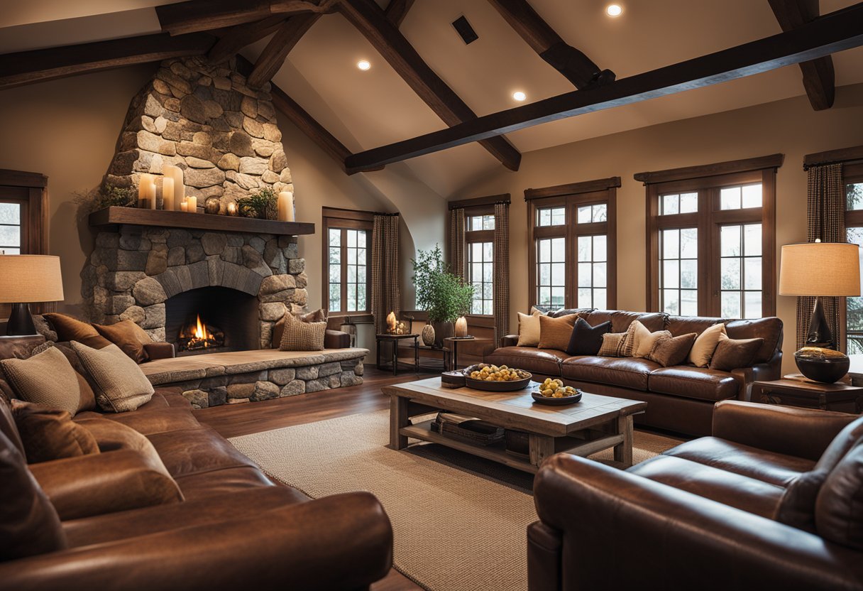 A cozy living room with wooden floors, exposed beams, and a large stone fireplace. The room is furnished with comfortable leather armchairs and a plush sofa, with a warm color palette and soft lighting creating a welcoming atmosphere