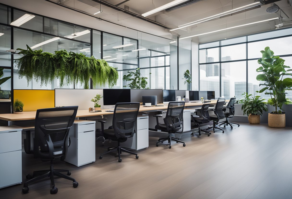 A modern, open-concept office space with sleek furniture, vibrant pops of color, and plenty of natural light. Innovative design elements include collaborative work areas, greenery, and cutting-edge technology integration