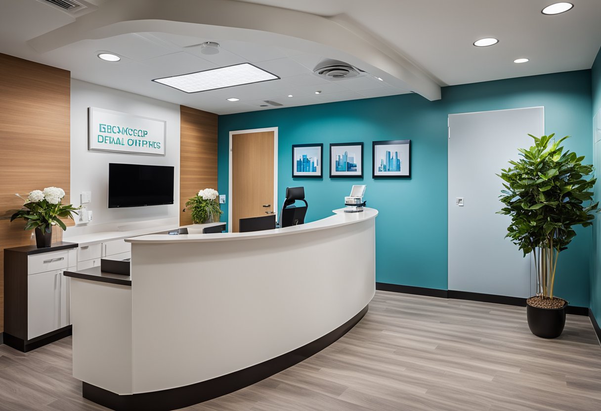 A modern dental office with sleek furniture, bright lighting, and colorful accent walls. The reception area features a welcoming desk and comfortable seating for patients