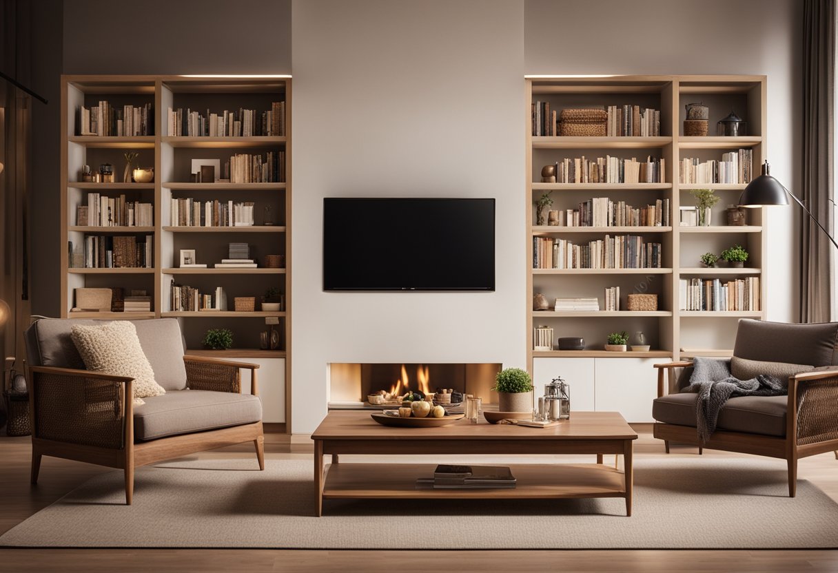 A cozy living room with wooden furniture, warm lighting, and inviting decor. A comfortable sofa sits in front of a fireplace, surrounded by bookshelves and a coffee table