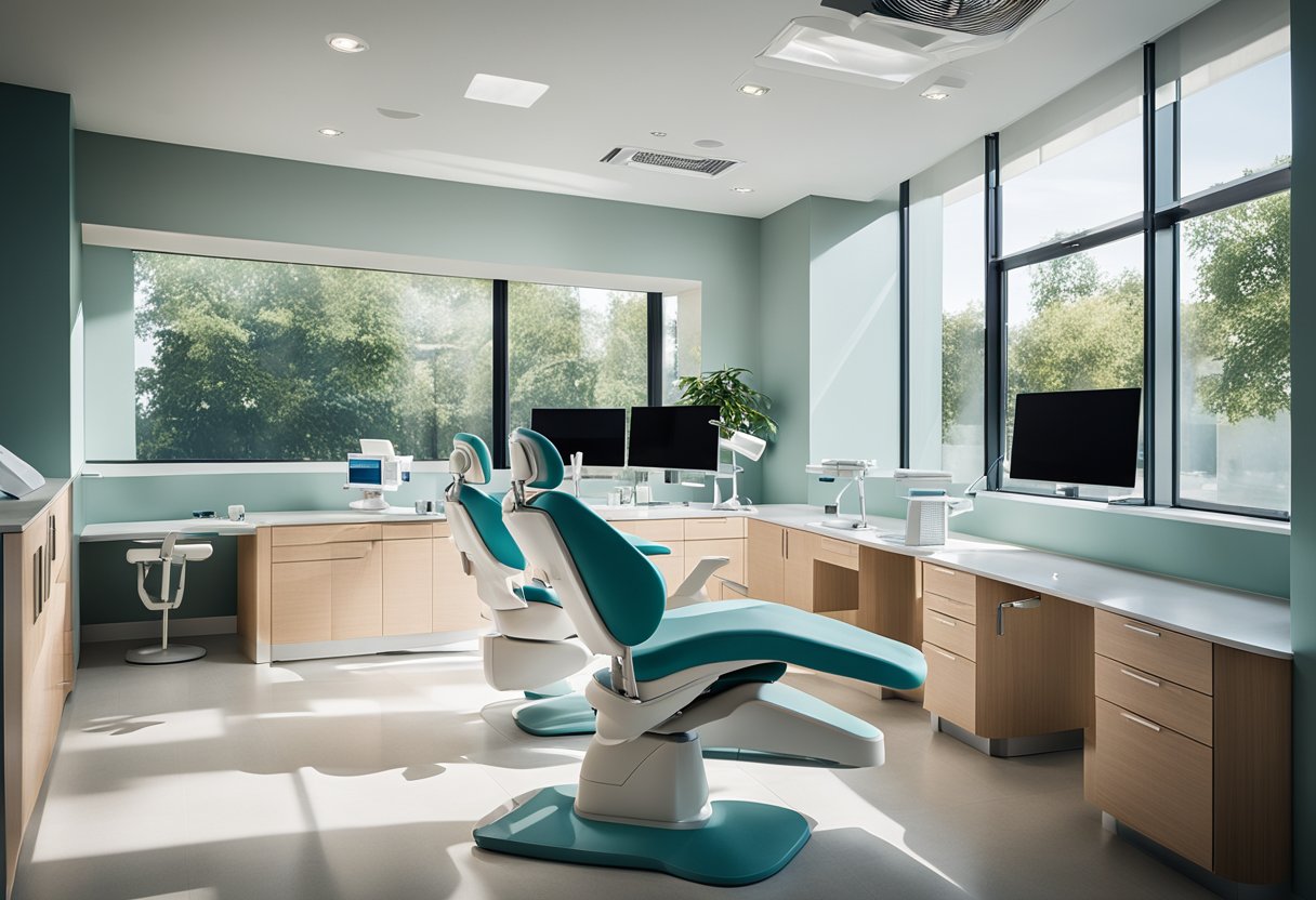 A modern dental office with sleek, minimalist furniture and a calming color palette. Large windows let in natural light, while high-tech equipment fills the space