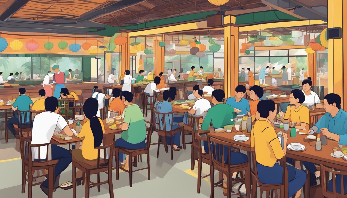 A bustling Pasir Panjang restaurant with colorful decor and steaming dishes on tables. Customers chat and laugh, while waitstaff bustle about