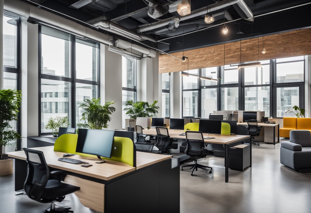 A modern, sleek office space with innovative furniture and vibrant color schemes. Clean lines and open layouts create a sense of collaboration and creativity