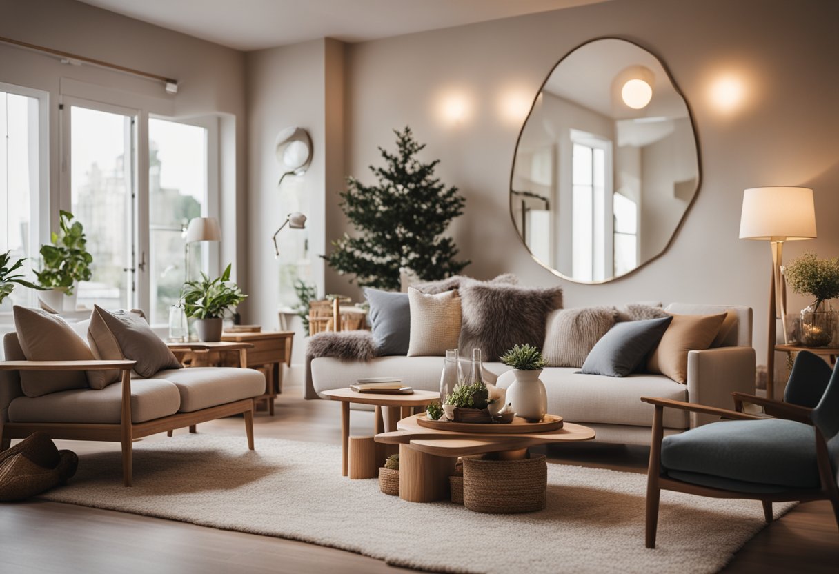 A cozy wooden living room with a plush rug, a large coffee table, and shelves adorned with decorative items. Warm lighting fills the space, creating a welcoming atmosphere