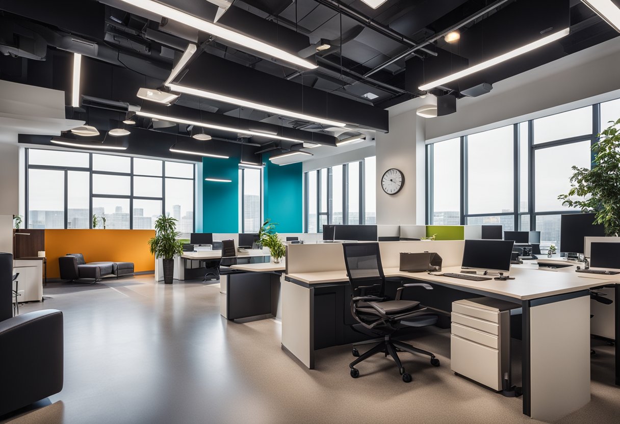 The office space features sleek modern furniture, vibrant color schemes, and innovative design elements, creating a welcoming and dynamic environment